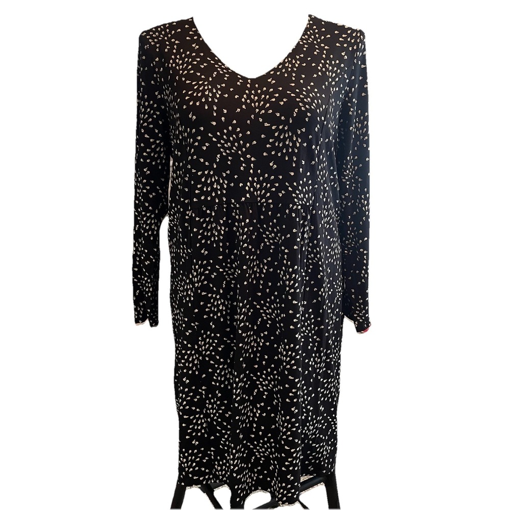 J Jill Black Print Shift Dress XL‎ Wearever Collection Pleats V Neck Knee Length